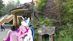 Size: 1024x577 | Tagged: safe, artist:mario94, princess cadance, shining armor, dinosaur, velociraptor, g4, female, husband and wife, jurassic park, male, ponies in real life, universal studios