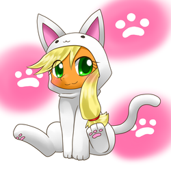 Size: 1000x1000 | Tagged: safe, artist:hashioaryut, applejack, cat, earth pony, pony, g4, :3, applecat, blushing, cat's pajamas, clothes, costume, cute, female, footed sleeper, freckles, jackabetes, kigurumi, looking at you, mare, pajamas, paw pads, paw print hooves, pixiv, sitting, solo