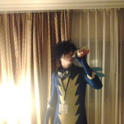 Size: 254x254 | Tagged: safe, soarin', human, g4, alcohol, anime expo, bodysuit, cosplay, drinking, irl, irl human, photo, solo, wig, wonderbolts, wonderbolts uniform