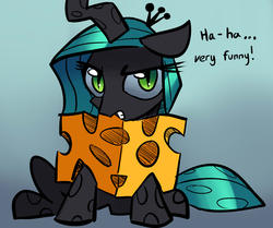 Size: 2227x1859 | Tagged: safe, artist:gsphere, queen chrysalis, changeling, changeling queen, g4, cheese, cheeselegs, cute, cutealis, female, glare, gritted teeth, looking at you, queen swissalis, sitting, solo, unamused