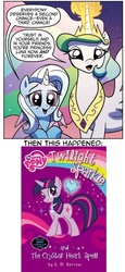 Size: 497x1082 | Tagged: safe, idw, official comic, princess celestia, trixie, twilight sparkle, friendship is magic #8, g4, my little pony chapter books, my little pony: friendship is magic (idw), my little pony: twilight sparkle and the crystal heart spell, spoiler:comic, comic, continuity, crystal heart, lol, nightmare rarity (arc)