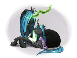 Size: 800x608 | Tagged: safe, artist:feujenny07, queen chrysalis, oc, oc:pupa, changeling, changeling queen, nymph, fanfic:maternal instinct, g4, changeling oc, clothes, cute, cutealis, cuteling, drool, duo, duo female, female, mommy chrissy, mother and daughter, ocbetes, offspring, parent:queen chrysalis, robe