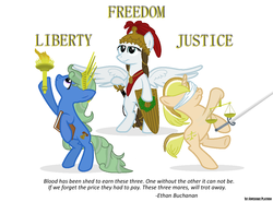 Size: 1071x792 | Tagged: safe, artist:ethanchang, earth pony, pegasus, pony, unicorn, 1st awesome platoon, balance, balance scale, bipedal, blindfold, book, braid, crown, freedom, helmet, justice, liberty, libra, ponified, scales of justice, scrunchy face, shield, statue of liberty, sword, torch, trio, united states