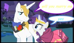 Size: 900x522 | Tagged: safe, artist:sadaslhey, edit, screencap, prince blueblood, rarity, pony, unicorn, g4, female, male, marriage proposal, ship:rariblood, shipping, speech bubble, stallion, straight, text