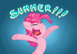 Size: 1024x717 | Tagged: safe, artist:kyaokay, pinkie pie, earth pony, pony, g4, ><, chest fluff, eyes closed, female, hooves in air, open mouth, open smile, smiling, solo, summer