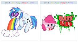 Size: 532x289 | Tagged: safe, dj pon-3, pinkie pie, vinyl scratch, derpibooru, g4, exploitable meme, juxtaposition, juxtaposition win, meme, meta, party hard, puking rainbows, rainbow, vomit