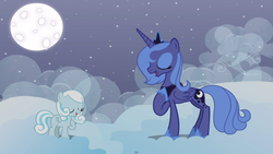 Size: 1920x1080 | Tagged: safe, artist:nyanrose, princess luna, oc, oc:snowdrop, alicorn, pegasus, pony, g4, 2013, cloud, cloudy, cute, female, filly, foal, hnnng, mare, moon, s1 luna, youtube source