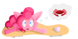 Size: 1024x518 | Tagged: safe, artist:tierraverde, pinkie pie, crab, earth pony, pony, g4, beach, female, mare, seashell, simple background, solo, transparent background