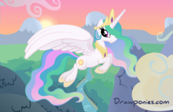 Size: 3487x2256 | Tagged: safe, artist:drawponies, princess celestia, g4, female, flying, solo, sunset