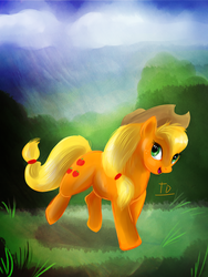 Size: 900x1200 | Tagged: safe, artist:tigresadaina, applejack, g4, female, grass, running, solo