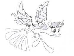 Size: 2000x1522 | Tagged: safe, artist:sigmanas, oc, oc only, oc:warpswirl, pony, unicorn, artificial wings, augmented, flying, mechanical wing, monochrome, pencil drawing, solo, steampunk, traditional art, wings