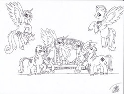 Size: 1024x773 | Tagged: safe, artist:bronyman1996, prince blueblood, princess cadance, princess celestia, princess luna, shining armor, oc, alicorn, pony, g4, alicorn oc, monochrome, royalty