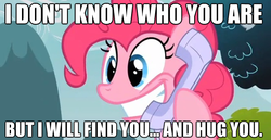 Size: 625x323 | Tagged: safe, edit, pinkie pie, g4, caption, female, grin, image macro, imma snuggle you, imminent hape, impact font, implied hugging, meme, non-consensual cuddling, phone, solo, taken