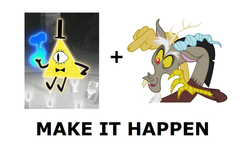 Size: 1337x796 | Tagged: safe, discord, g4, bill cipher, crossover, dreamscaperers, exploitable meme, gravity falls, hilarious in hindsight, make it happen, male, meme, meta