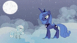 Size: 600x338 | Tagged: safe, artist:nyanrose, princess luna, oc, oc:snowdrop, alicorn, pegasus, pony, g4, animated, blind, cloud, cloudy, cute, eyes closed, female, filly, hnnng, looking at each other, mare, moon, s1 luna, smiling, sunshine sunshine, updated, weapons-grade cute
