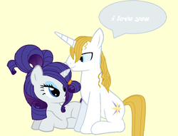 Size: 898x686 | Tagged: safe, artist:sadaslhey, prince blueblood, rarity, g4, alternate hairstyle, female, male, ship:rariblood, shipping, straight, text