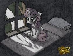 Size: 800x612 | Tagged: safe, artist:honey-drop, sweetie belle, g4, bed, dark, female, sad, solo, window