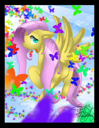 Size: 1696x2200 | Tagged: safe, artist:halestorm019, fluttershy, butterfly, pegasus, pony, g4, aside glance, female, floppy ears, flying, looking at you, mare, solo, spread wings, three quarter view, wings