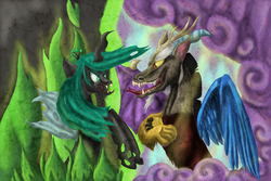 Size: 3000x2000 | Tagged: safe, artist:shiv3ry, discord, queen chrysalis, changeling, changeling queen, draconequus, g4, duo, fangs, female, fire, green fire