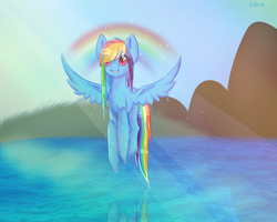 Size: 1280x1024 | Tagged: safe, artist:lairai, rainbow dash, g4, female, flying, solo, water, wet mane