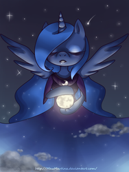 Size: 1200x1600 | Tagged: safe, artist:churobu, princess luna, g4, female, in goliath's palm, moon, size difference, solo, tangible heavenly object