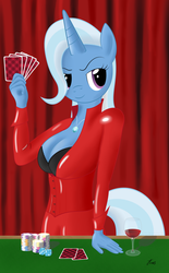Size: 1000x1614 | Tagged: safe, artist:kasaler, trixie, anthro, g4, blackjack, bra, breasts, busty trixie, card, casino, cleavage, clothes, craps, dice, die, female, latex, necklace, poker, solo, underwear