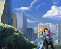 Size: 3000x2437 | Tagged: safe, artist:rublegun, rainbow dash, g4, city, clothes, female, solo, suit