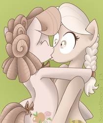 Size: 500x596 | Tagged: safe, artist:susiebeeca, apple rose, granny smith, earth pony, pony, g4, bipedal, duo, duo female, female, grannyrose, incest, kissing, lesbian, sepia, shipping, surprise kiss, surprised, young apple rose, young granny smith, younger