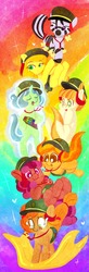 Size: 628x1920 | Tagged: dead source, safe, artist:mt, tag-a-long, oc, oc:berry munch, oc:do-si-do, oc:dulce deleche, oc:samoa, oc:savannah smile, oc:trefoil, zebra, ask a filly scout, g4, askafillyscout, filly, filly guides, rainbow