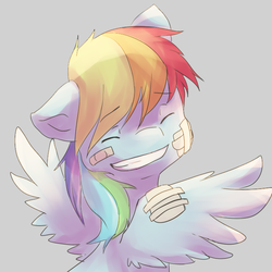 Size: 700x700 | Tagged: safe, artist:cheerubi, rainbow dash, pegasus, pony, g4, bandage, eyes closed, female, grin, injured, simple background, smiling, solo, spread wings, wings