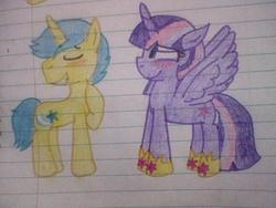 Size: 640x480 | Tagged: safe, artist:imtailsthefoxfan, comet tail, twilight sparkle, alicorn, pony, g4, blushing, eyes closed, female, grin, male, mare, ship:cometlight, shipping, smiling, spread wings, straight, traditional art, twilight sparkle (alicorn)