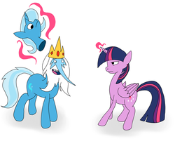 Size: 1200x1000 | Tagged: safe, artist:philith, trixie, twilight sparkle, alicorn, pony, g4, adventure time, crossover, disguise, female, ice king, inconvenient trixie, male, mare, mask, twilight sparkle (alicorn)