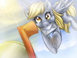 Size: 2000x1500 | Tagged: safe, artist:jadedjynx, derpy hooves, pegasus, pony, g4, :3, female, letter, mail, mare, mouth hold, solo