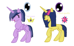 Size: 916x572 | Tagged: safe, artist:longtailsally, oc, oc only, oc:comet sparkle, oc:twi crown, alicorn, pony, alicorn oc, cutie mark, duo, offspring, parent:comet tail, parent:twilight sparkle, parents:cometlight