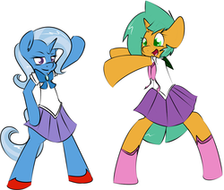 Size: 1280x1084 | Tagged: dead source, safe, artist:kryptchild, snails, trixie, pony, g4, bipedal, boots, bow, clothes, commission, crossdressing, crossover, glitter shell, happy, male, sailor moon (series), shoes, skirt, trap