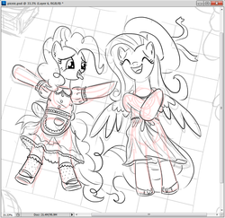 Size: 785x763 | Tagged: safe, artist:king-kakapo, fluttershy, pinkie pie, earth pony, pegasus, pony, g4, apron, clothes, cute, dress, eyes closed, hat, laughing, maid, on back, open mouth, shoes, smiling, socks, tongue out, wip