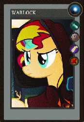 Size: 295x426 | Tagged: safe, artist:yudhaikeledai, part of a set, sunset shimmer, pony, unicorn, g4, animated, dota 2, female, fire, hood, magic, part of a series, ponified, ponified dota 2 cards, solo, warlock