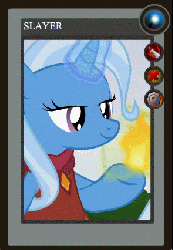 Size: 295x426 | Tagged: safe, artist:yudhaikeledai, part of a set, trixie, pony, unicorn, g4, animated, dota 2, female, lina, mare, part of a series, ponified dota 2 cards, slayer, solo