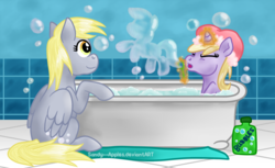 Size: 1024x627 | Tagged: safe, artist:sandy--apples, derpy hooves, dinky hooves, pegasus, pony, unicorn, g4, bath, bathtub, blowing bubbles, bubble, cute, equestria's best daughter, equestria's best mother, female, filly, magic, mare