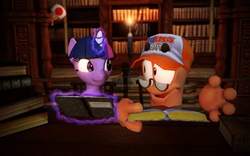 Size: 1680x1050 | Tagged: safe, artist:wallytheworm, twilight sparkle, g4, 3d, boggy b, book, gmod, library, magic, reading, super mario bros., toad (mario bros), when you see it, worms (video game)