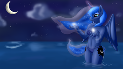 Size: 3200x1800 | Tagged: safe, artist:renatethepony, princess luna, anthro, g4, bikini, clothes, female, legs in the water, legs together, moon, night, smiling, solo, swimsuit