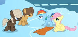 Size: 1007x487 | Tagged: safe, screencap, dumbbell, fluttershy, hoops, rainbow dash, pegasus, pony, g4, the cutie mark chronicles, blanket, colt, colt dumbbell, colt hoops, female, filly, filly fluttershy, filly rainbow dash, foal, male, younger
