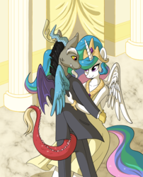 Size: 1274x1575 | Tagged: safe, artist:catsncupcakes, discord, princess celestia, anthro, g4, clothes, dancing, dress, female, male, ship:dislestia, shipping, smiling, straight, suit