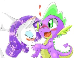 Size: 1024x768 | Tagged: safe, artist:jiiko, rarity, spike, g4, blushing, female, heart, kissing, male, pixiv, ship:sparity, shipping, spikelove, straight