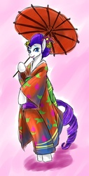 Size: 686x1350 | Tagged: safe, artist:jiiko, rarity, pony, g4, bipedal, female, kimono (clothing), pixiv, solo, umbrella
