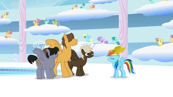 Size: 1280x720 | Tagged: safe, screencap, dizzy twister, dumbbell, hoops, lyra heartstrings, merry may, orange swirl, parasol, quarterback, rainbow dash, rainbowshine, sassaflash, spring melody, sprinkle medley, wing wishes, pegasus, pony, g4, season 1, sonic rainboom (episode), background pony audience, cloud, cloudiseum, cloudy, crown, duality, female, male, mare, stallion