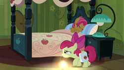 Size: 1280x720 | Tagged: safe, screencap, apple bloom, babs seed, g4, one bad apple, bed, bedroom, lantern, mouth hold, saddle bag, sleeping, sneaking