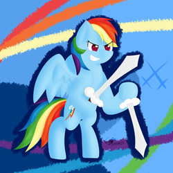 Size: 894x894 | Tagged: safe, artist:icy wings, rainbow dash, g4, dual wield, female, grin, solo, sword