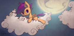 Size: 5002x2477 | Tagged: safe, artist:jggjqm522, scootaloo, g4, cloud, cloudy, cute, cutealoo, female, looking at you, moon, prone, sky, smiling, solo