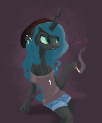 Size: 1518x1830 | Tagged: safe, artist:twitchykismet, queen chrysalis, changeling, changeling queen, semi-anthro, g4, cigarette, fangs, female, hat, hipster, smoking, solo